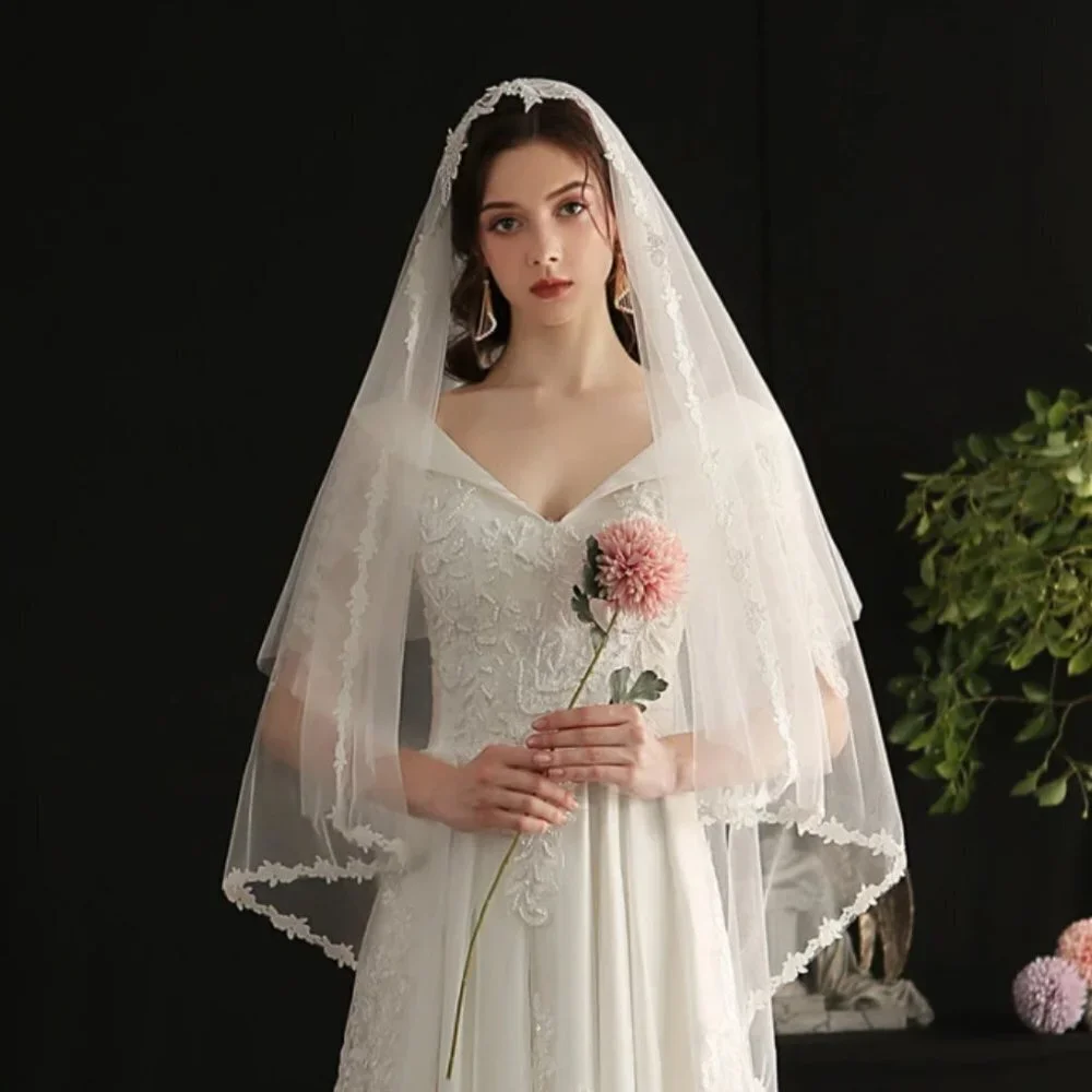 Wedding veil white bridal white pearls floor length flower design elegant new